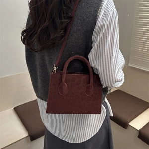 Leopard pattern faux suede tote bag in deep red with detachable shoulder strap