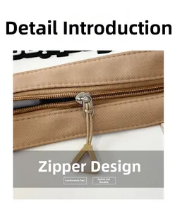 Detail of a khaki canvas tote bag showing the matching color zipper closure and nylon puller