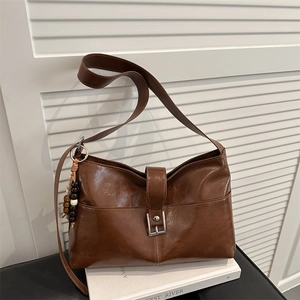 Vintage Women Shoulder Bag Large Capacity PU Leather Underarm Tote With Metal Buckle And Wooden Bead Charm Retro Style