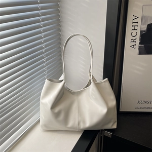 French Style Women Large Capacity Tote Bag Minimalist PU Leather Shoulder Bag Niche Design Commuter Handbag Solid Color