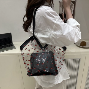 Large transparent PVC tote bag with cherry print and black inner pouch for women