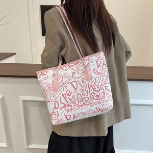Large capacity canvas tote bag with pink graffiti patterns and shoulder straps