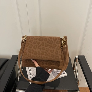 Sac À Épaule Femme Imprimé Léopard Daim Synthétique Chaîne Dorée Décor Rabat Mode Rétro Urbain Sac Bandoulière
