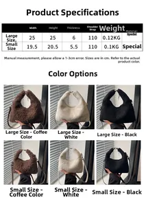 Detailed size chart for plush faux fur handbags showing dimensions and strap length