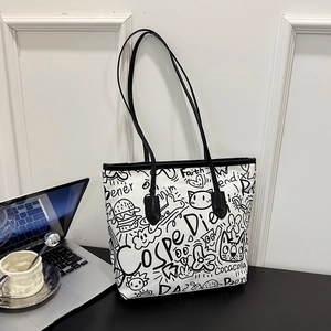 Women Large Capacity Tote Bag PU Leather Graffiti Print Streetwear Casual Shoulder Bag Commuter Zipper Handbag
