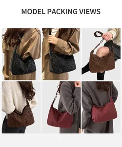 Detail showing various colors of leopard print crescent bags on models in diverse outfits