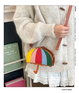 Detail of umbrella-shaped crossbody bag with colorful patchwork design and adjustable strap