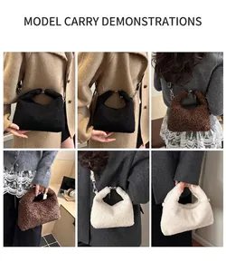 Detail shots of lamb wool crossbody bags in black, dark coffee and cream white