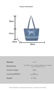 Detailed size guide for canvas tote bag showing dimensions and handle height measurement