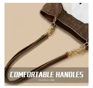 Detail of crossbody bag featuring brown textured fabric and white plush trim accents