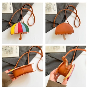 Detail shots of colorful umbrella-shaped crossbody bag with vibrant rainbow stripes
