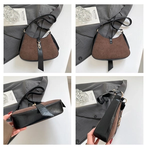 Detailed four-view collage of vintage suede crescent bag with leather trim and tassel
