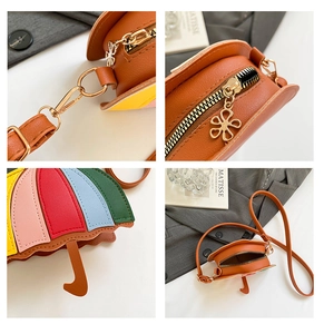 Detail of colorful patchwork umbrella bag with flower zipper and adjustable strap