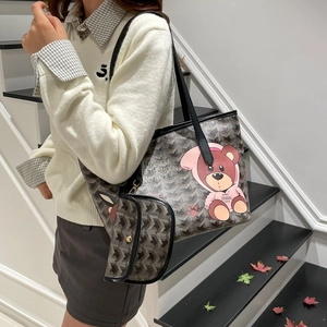 Minimalist geometric patterned large tote bag with bear graphic and matching pouch