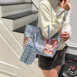 Blue tote bag with cute cartoon bear and bunny print plus small matching pouch set