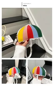 Detail of colorful rainbow patchwork umbrella-shaped bag with white shoulder strap and zipper