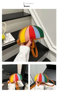 Detail of creative umbrella-shaped mini crossbody bag with colorful leather patchwork design