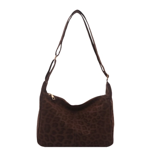 Deep brown leopard print shoulder bag in matte suede texture with adjustable strap