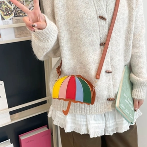 Colorful rainbow umbrella shaped crossbody bag for girls with adjustable brown shoulder strap