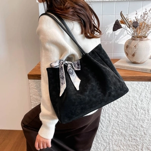 Large black suede tote bag for women with decorative printed scarf and spacious interior