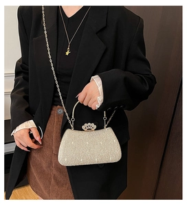 Detail of champagne gold sequin evening bag with elegant crown rhinestone buckle clasp