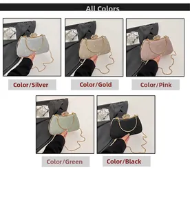 Macro detail of sparkly evening clutch bags with crown clasps in five vibrant colors