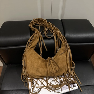 Sac à Épaule Hobo Bohème à Franges pour Femmes en Suédine Sac Fourre-Tout à Glands Grande Capacité Rétro Couleur Unie Sac Minimaliste