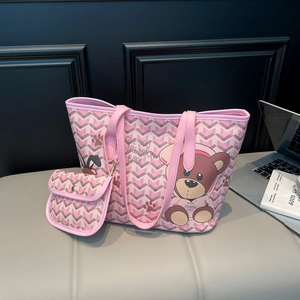 Women Geometric Pattern Tote Bag And Pouch Large Capacity PU Leather Shoulder Bag Fashion Cartoon Bear Print Shopping Bag