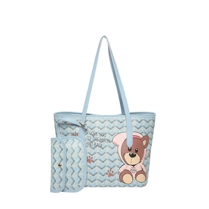 Grand sac cabas bleu clair avec imprimé ours et petit sac assorti en vue de face nette