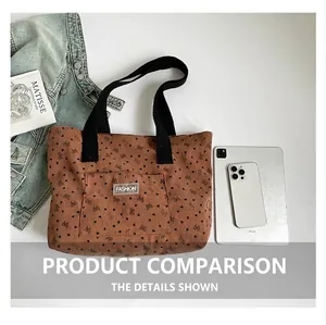 Detail view of brown corduroy tote bag with heart patterns and spacious interior