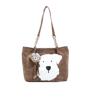 Vintage brown corduroy tote bag with embroidered dog patch and cute plush pendant