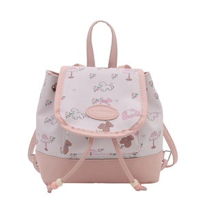 Süßer rosa-weißer Mädchen-Minirucksack mit Bären- und Blumenprint und Kordelzug