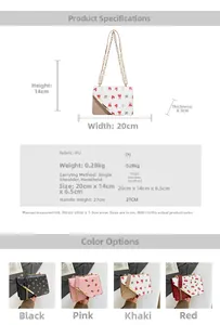 Detailed size specifications for the cute printed strawberry chain crossbody square bag