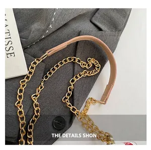 Detailed shot of golden metal chain handle with pink leather strap on a stylish handbag