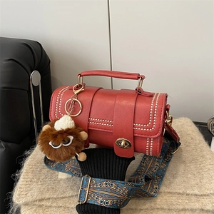Barrel Crossbody Bag PU Leather Handbag With Gold Rivets Wide Fabric Strap And Plush Monster Charm Retro Trendy For Women
