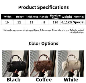 Specifiche dettagliate della borsa Boston in peluche in nero, bianco e caffè con misure