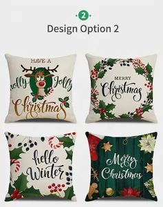 Close-up of four festive Christmas pillow covers with reindeer and floral wreath prints