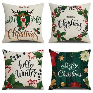 Christmas Pillow Covers Linen Reindeer Elk Print Decorative Cushion Cases For Sofa Living Room Winter Holiday Decor