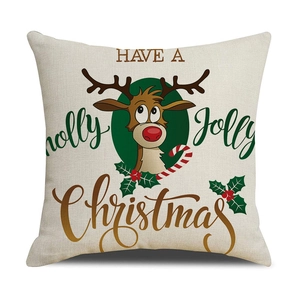 Christmas reindeer pillow cover with holly jolly Christmas text on beige linen fabric