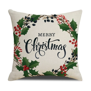 Christmas pillowcase with Merry Christmas wreath print on linen square cushion cover