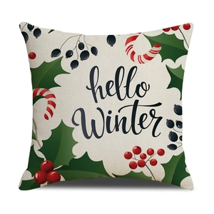 Christmas pillowcase with hello Winter text and holly berry print for sofa decor