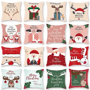 Taie d'Oreiller de Noël Nordique en Peau de Pêche Avec Père Noël et Renne Housse de Coussin Décorative Festive pour la Maison Taie Carrée