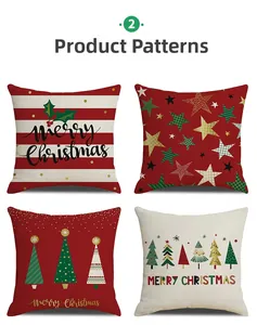 Close-up of four Christmas linen pillow covers with festive patterns and Merry Christmas text