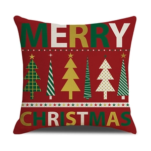 Funda de cojín roja de lino con texto Merry Christmas y árboles geométricos