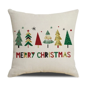 Funda de cojín navideña de lino con árboles minimalistas y texto Merry Christmas