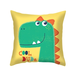 Bright yellow decorative square pillowcase featuring a green cartoon dinosaur and Cool Dude text