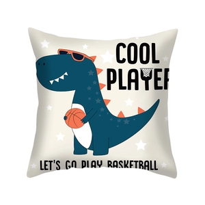 Detail of dinosaur cushion cover with cool basketball print on soft peach skin fabric