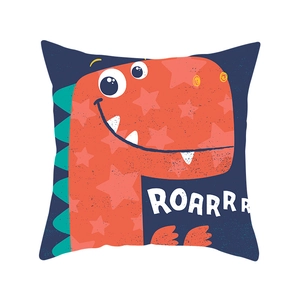Detailed view of square blue peach skin pillowcase with orange cartoon dinosaur print