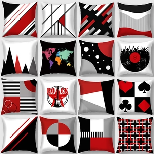 Funda de Almohada Geométrica Roja Nórdica Poliéster Piel de Melocotón Funda de Cojín Sofá Moderno Minimalista Hogar Decorativo Cuadrado