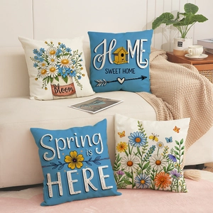 Spring Floral Linen Blend Cushion Cover Breathable Pillow Case With Hidden Zipper For Sofa Couch Home Decor Rustic